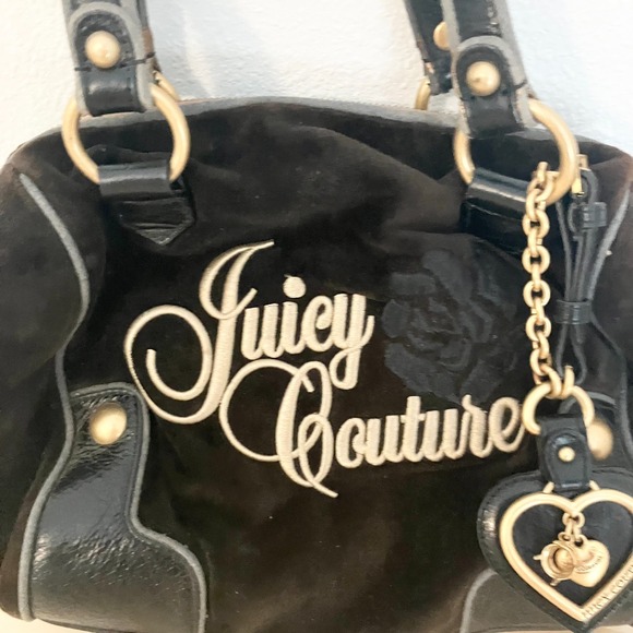 Vintage Black Juicy Couture Purse Tote Bag Handbag Daydreamer Velour Floral Y2K - Picture 2 of 10